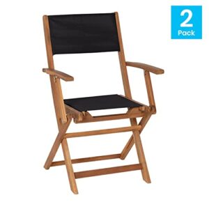 Merrick Lane Stora Set of 2 Indoor/Outdoor Acacia Wood Folding Patio Bistro Armchairs with Black Textilene Mesh Back and Seat, Natural