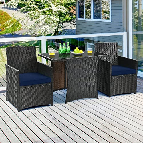 LUKEO 3PCS Patio Rattan Furniture Set Cushion Sofa Armrest Garden Deck Navy Mixed Brown