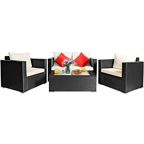 LUKEO 4PCS Patio Rattan Furniture Set Cushioned Sofa Chair Coffee Table Excellent Appearance in Classic and Style