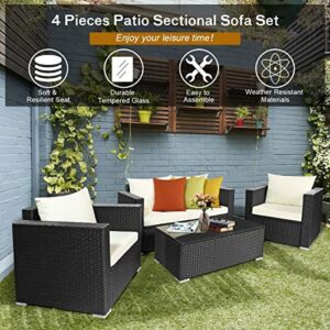 LUKEO 4PCS Patio Rattan Furniture Set Cushioned Sofa Chair Coffee Table Excellent Appearance in Classic and Style