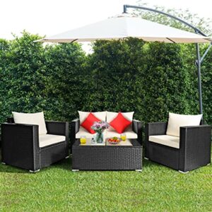 LUKEO 4PCS Patio Rattan Furniture Set Cushioned Sofa Chair Coffee Table Excellent Appearance in Classic and Style