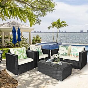 LUKEO 4PCS Patio Rattan Furniture Set Cushioned Sofa Chair Coffee Table Excellent Appearance in Classic and Style