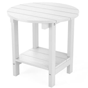 mximu round outdoor side table adirondack tables 18 inch chairside end tables with storage shelf, 2-tier plastic patio side table, weather resistant for balcony backyard lawn (white, 1 pack)