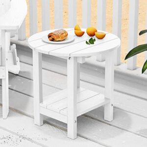 MXIMU Round Outdoor Side Table Adirondack Tables 18 Inch Chairside End Tables with Storage Shelf, 2-Tier Plastic Patio Side Table, Weather Resistant for Balcony Backyard Lawn (White, 1 Pack)