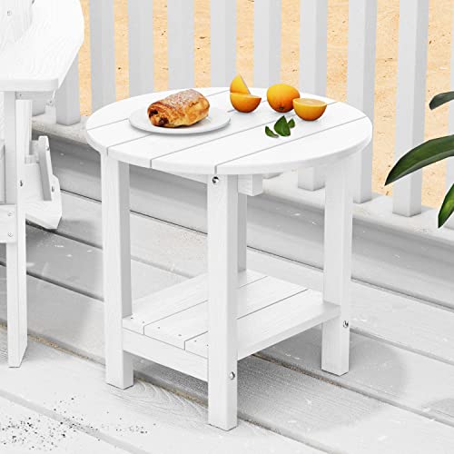 MXIMU Round Outdoor Side Table Adirondack Tables 18 Inch Chairside End Tables with Storage Shelf, 2-Tier Plastic Patio Side Table, Weather Resistant for Balcony Backyard Lawn (White, 1 Pack)