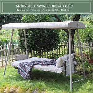 HomSof Outdoor Patio 3seater Metal Swing Chair Swing Bed with Cushion and Adjustable Canopy Champagne Color