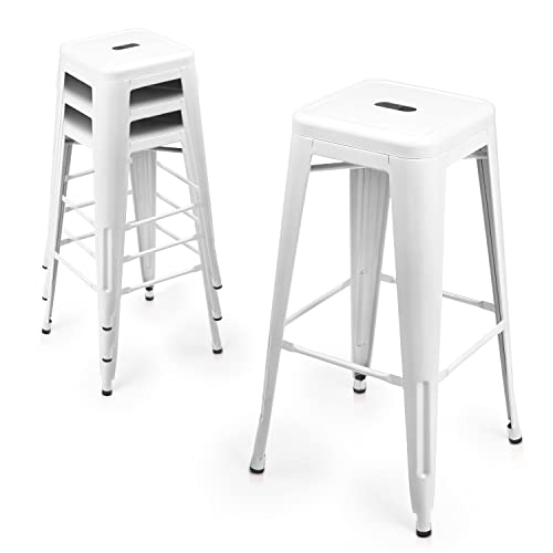 MoNiBloom Set of 4 Metal Stackable Barstools in White, 30 Inch High Backless Patio Furniture Indoor Outdoor Kitchen Bar Stools Dining Chair