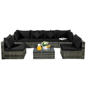 lukeo 7pcs patio rattan furniture set sectional sofa garden black cushion corner sofas and single sofas