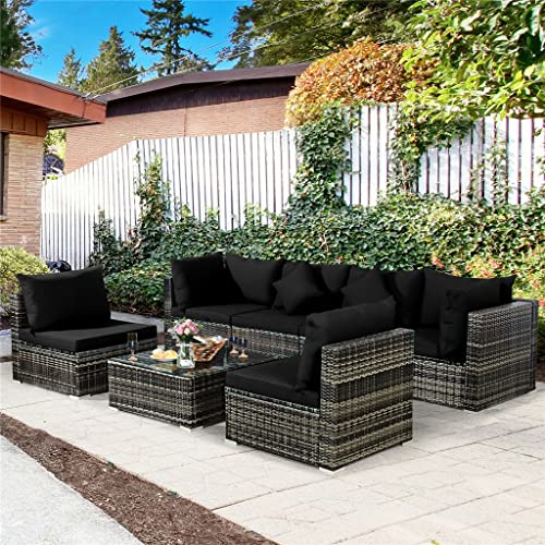 LUKEO 7PCS Patio Rattan Furniture Set Sectional Sofa Garden Black Cushion Corner Sofas and Single Sofas