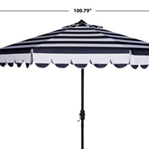 Safavieh PAT8011C Outdoor Collection Maui Navy and White Single Scallop Striped 9Ft Crank Push Button Tilt Umbrella