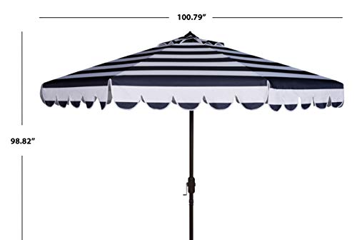 Safavieh PAT8011C Outdoor Collection Maui Navy and White Single Scallop Striped 9Ft Crank Push Button Tilt Umbrella