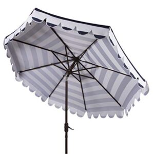 Safavieh PAT8011C Outdoor Collection Maui Navy and White Single Scallop Striped 9Ft Crank Push Button Tilt Umbrella