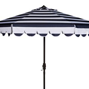 Safavieh PAT8011C Outdoor Collection Maui Navy and White Single Scallop Striped 9Ft Crank Push Button Tilt Umbrella