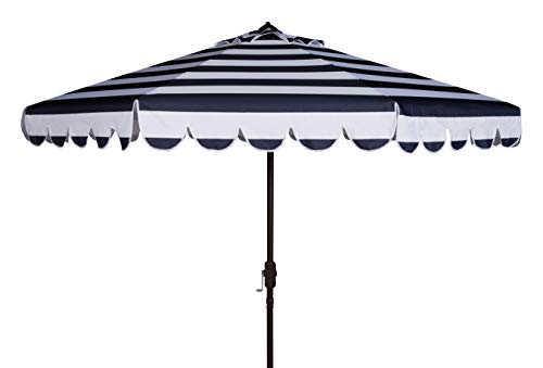 Safavieh PAT8011C Outdoor Collection Maui Navy and White Single Scallop Striped 9Ft Crank Push Button Tilt Umbrella