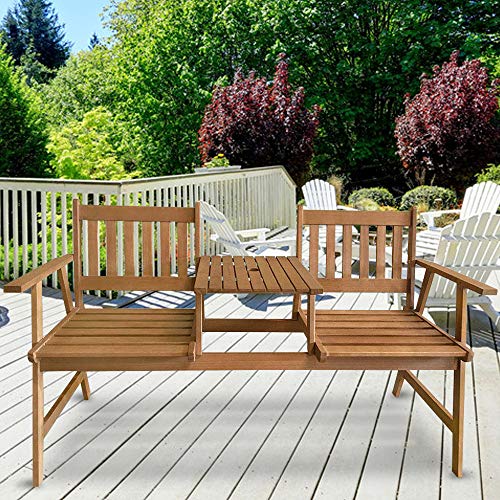 Outdoor Patio Bench Tete a Tete Garden Bench Porch Chair Patio Conversation Sets Furniture Outdoor Loveseat Set Solid Eucalyptus Wood with Umbrella Hole Table for Pool Beach Backyard Balcony Deck