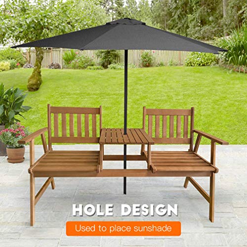 Outdoor Patio Bench Tete a Tete Garden Bench Porch Chair Patio Conversation Sets Furniture Outdoor Loveseat Set Solid Eucalyptus Wood with Umbrella Hole Table for Pool Beach Backyard Balcony Deck