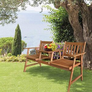 Outdoor Patio Bench Tete a Tete Garden Bench Porch Chair Patio Conversation Sets Furniture Outdoor Loveseat Set Solid Eucalyptus Wood with Umbrella Hole Table for Pool Beach Backyard Balcony Deck