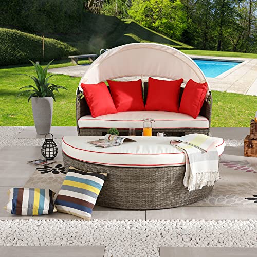 LOKATSE HOME Patio Round Daybed with Retractable Canopy Outdoor Wicker Rattan Furniture Sofa All-Weather Separated Seating with Washable, Beige with red Cushions