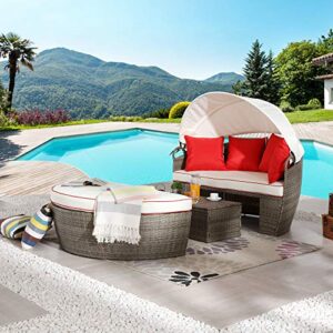 LOKATSE HOME Patio Round Daybed with Retractable Canopy Outdoor Wicker Rattan Furniture Sofa All-Weather Separated Seating with Washable, Beige with red Cushions