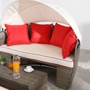 LOKATSE HOME Patio Round Daybed with Retractable Canopy Outdoor Wicker Rattan Furniture Sofa All-Weather Separated Seating with Washable, Beige with red Cushions