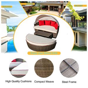 LOKATSE HOME Patio Round Daybed with Retractable Canopy Outdoor Wicker Rattan Furniture Sofa All-Weather Separated Seating with Washable, Beige with red Cushions