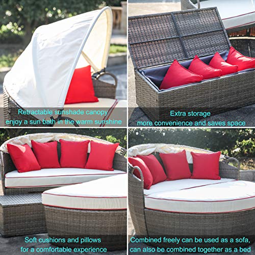 LOKATSE HOME Patio Round Daybed with Retractable Canopy Outdoor Wicker Rattan Furniture Sofa All-Weather Separated Seating with Washable, Beige with red Cushions