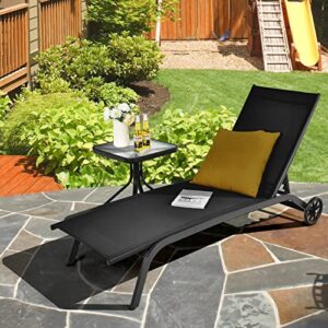 Tangkula Outdoor Chaise Lounge Chair, Patio Lounge Recliner with 6-Position Adjustable Backrest, Breathable Fabric and Smooth Wheels, Outdoor Lounge Chair (2, Black)