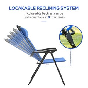 Outsunny Set of 2 Folding Patio Chairs, Camping Chairs with Adjustable Sling Back, Removable Headrest, Armrest for Garden, Backyard, Lawn, Blue