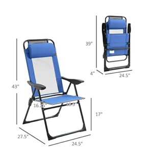 Outsunny Set of 2 Folding Patio Chairs, Camping Chairs with Adjustable Sling Back, Removable Headrest, Armrest for Garden, Backyard, Lawn, Blue