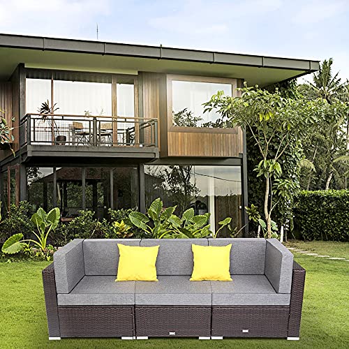 SAWQF Outdoor Patio Furniture 3 Pcs Set Include 2 Corner Sofa 1 Armless Sofa PE Wicker Rattan with 2 Pillow