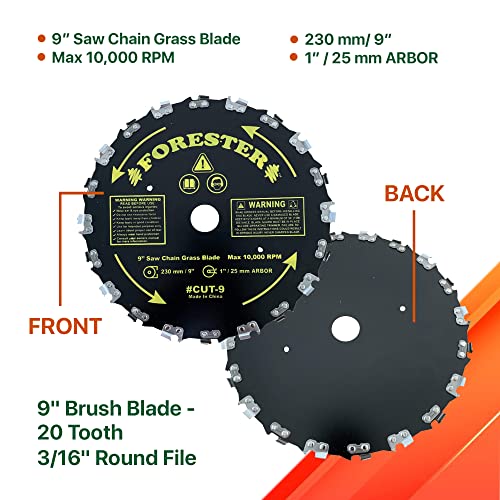 FORESTER Brush Cutter Blades and File Set - Trimmer Chainsaw Tooth Saw Blade - for Trimming Trees, Cutting String, Underbrush, and More - 20 Tooth 9" Circular Brush Blade with 3/16" File