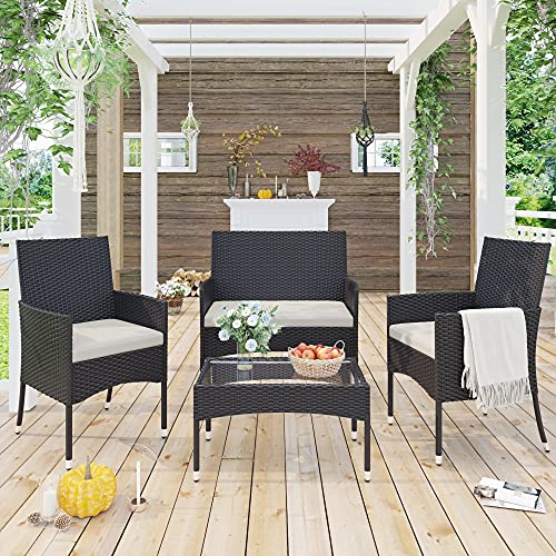 SAWQF 4Pcs Outdoor Garden Patio Furniture Set Rattan Include 1 2-Seat Sofa+2 Arm Chairs+1 Tea Table Brown w/White Cushion