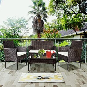 SAWQF 4Pcs Outdoor Garden Patio Furniture Set Rattan Include 1 2-Seat Sofa+2 Arm Chairs+1 Tea Table Brown w/White Cushion