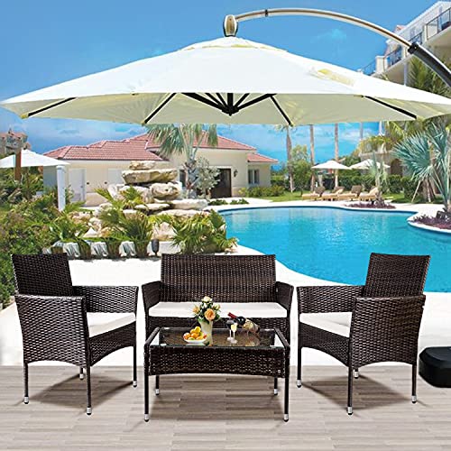 SAWQF 4Pcs Outdoor Garden Patio Furniture Set Rattan Include 1 2-Seat Sofa+2 Arm Chairs+1 Tea Table Brown w/White Cushion