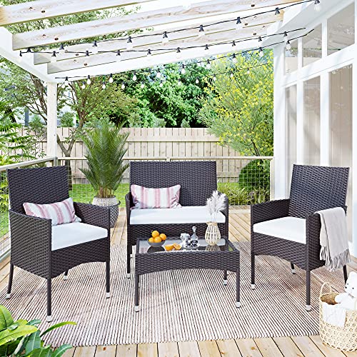 SAWQF 4Pcs Outdoor Garden Patio Furniture Set Rattan Include 1 2-Seat Sofa+2 Arm Chairs+1 Tea Table Brown w/White Cushion