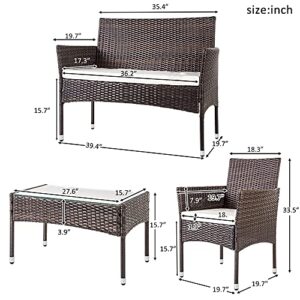 SAWQF 4Pcs Outdoor Garden Patio Furniture Set Rattan Include 1 2-Seat Sofa+2 Arm Chairs+1 Tea Table Brown w/White Cushion