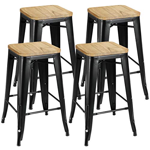 ZenStyle 26“ 4 Set Stackable Barstools Counter Height Metal Bar Stools Kitchen Island Chairs with Square Wood Top for Indoor & Outdoor