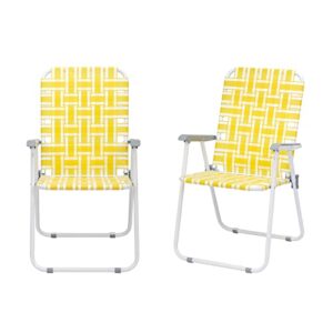 outvita webbed lawn chairs set of 2, foldable metal patio chairs stable steel outdoor chair for camping, fishing, beach, poolside, backyard and bbq (yellow&white)