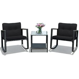 lukeo 3pcs patio rattan furniture set rocking chairs cushioned sofa black rocking chair