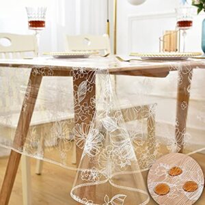 Rally Home Goods Indoor Outdoor Patio Premium Clear Vinyl Rectangular Tablecloth, Spill Proof Wipeable Cover for Dining Table, Clear Vinyl Imprinted White Floral, for Tables 60 x 84 Inch Oblong