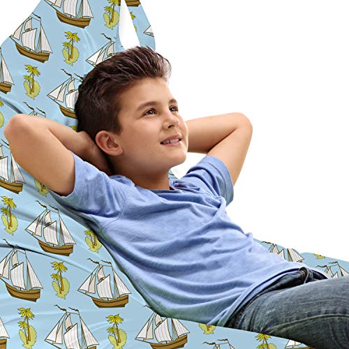 Lunarable Marine Lounger Chair Bag, Ocean Theme Ships and Small Islands Pattern with Tropical Palms, High Capacity Storage with Handle Container, Lounger Size, Pale Blue Fawn