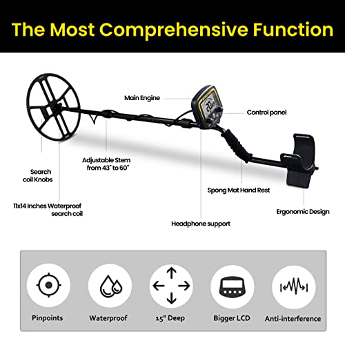 Professional Metal Detector for Adults, Pinpoint Gold Detector with LCD Display, 11"x14" Waterproof Search Coil, 15'' Detection Depth, 5 Search Modes, IP68 Waterproof for Treasure Hunting