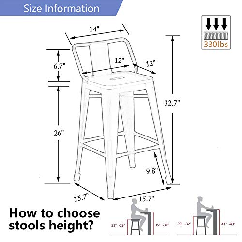 Alunaune 26" Metal Bar Stools Set of 4 Counter Height Barstools Industrial Counter Stool Kitchen Bar Chairs Indoor Outdoor-Low Back, Black