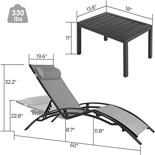 LUKEO 3Pcs Sun Lounger Recliner Set Aluminum Chaise Lounges,Reclining Chair with 5 Adjustable Backrest, Head Cushion, Table for Garden