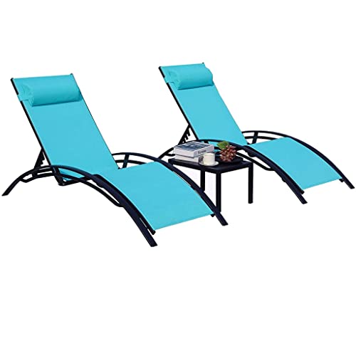 LUKEO 3Pcs Sun Lounger Recliner Set Aluminum Chaise Lounges,Reclining Chair with 5 Adjustable Backrest, Head Cushion, Table for Garden