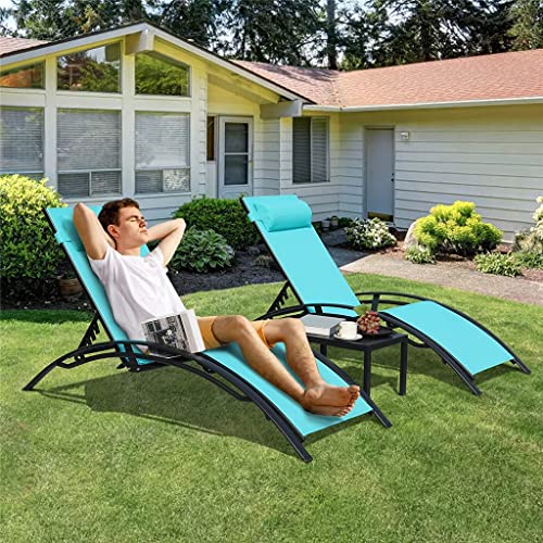 LUKEO 3Pcs Sun Lounger Recliner Set Aluminum Chaise Lounges,Reclining Chair with 5 Adjustable Backrest, Head Cushion, Table for Garden