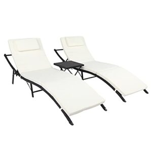 SAWQF 3-Piece Outdoor Terrace Furniture Set 2 Folding Bed 1 Folding Coffee Table Black PE Cane Iron Frame 4 Lines