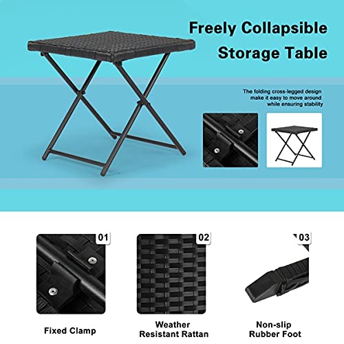 SAWQF 3-Piece Outdoor Terrace Furniture Set 2 Folding Bed 1 Folding Coffee Table Black PE Cane Iron Frame 4 Lines