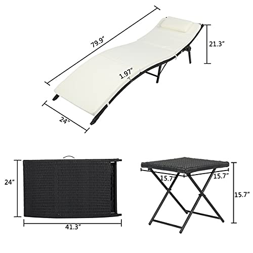 SAWQF 3-Piece Outdoor Terrace Furniture Set 2 Folding Bed 1 Folding Coffee Table Black PE Cane Iron Frame 4 Lines