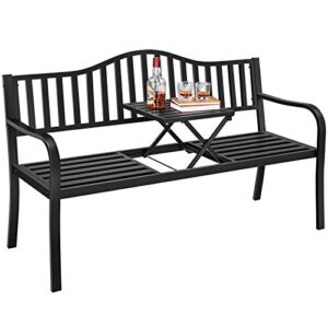 topeakmart outdoor garden bench patio park bench chair with adjustable middle table, two person outdoor furniture, black